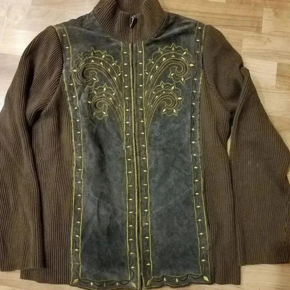 BOB MACKIE Sweater Jacket Art To Wear Suede Knit Zip Up Relaxed Fit L - Picture 7 of 7